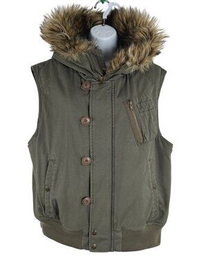Schott Vest Jacket‎ Womens Medium Green Faux Fur Hood Sherpa Lined CJ-2373